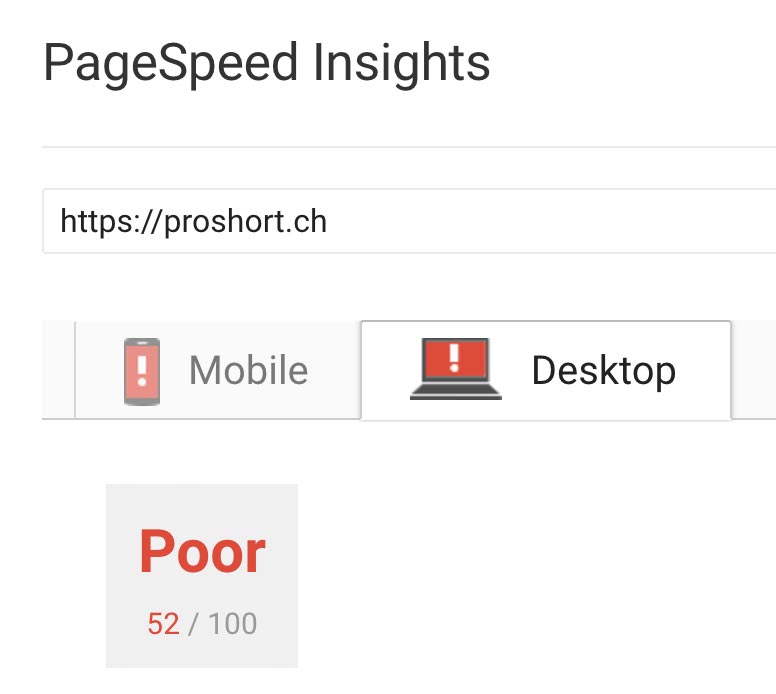 Pro Short Desktop Page Speed vorher