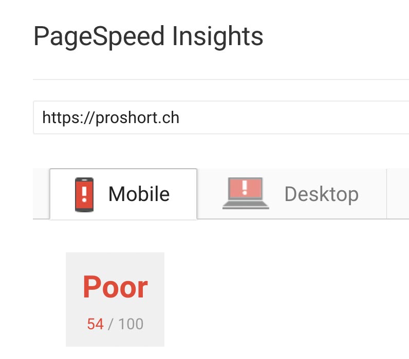 Pro Short Mobile Page Speed vorher